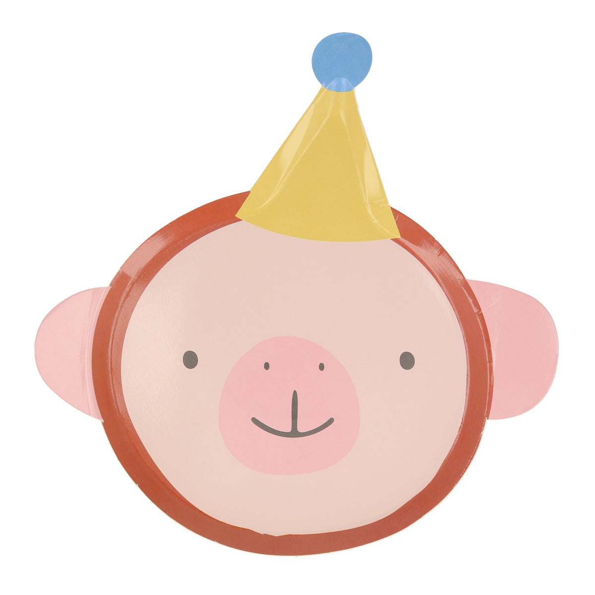 Die-cut paper plate shaped like a smiling monkey face wearing a yellow party hat with a blue pom-pom.