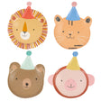 Set of four die-cut paper plates featuring animal faces wearing party hats, including a lion and bear.