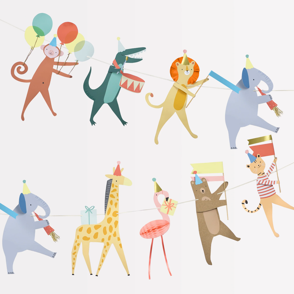 A playful party decoration featuring colorful cutouts of animals in party hats, ideal for children’s celebrations.