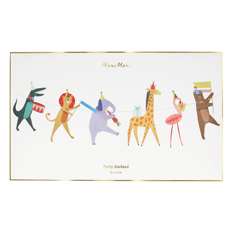Packaging for a Meri Meri animal party garland displaying animal cutouts on a white card.