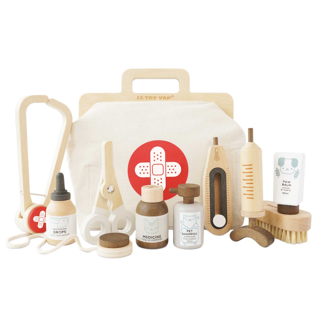 Toy veterinary kit featuring a fabric bag with a red cross, wooden syringe, scissors, brush, dropper, and bottles labeled medicine and pet shampoo. Playful tone.