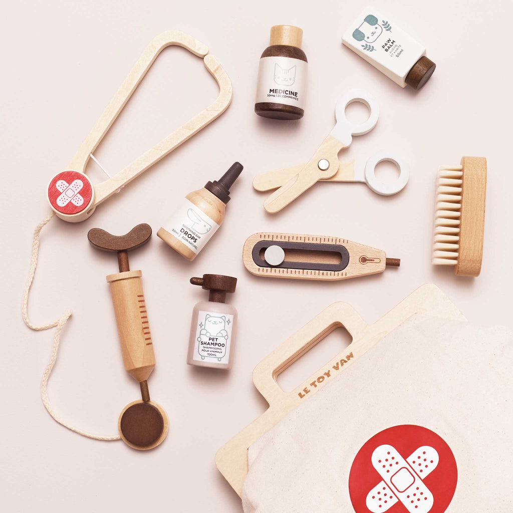 Toy veterinary kit featuring a fabric bag with a red cross, wooden syringe, scissors, brush, dropper, and bottles labeled medicine and pet shampoo. Playful tone.