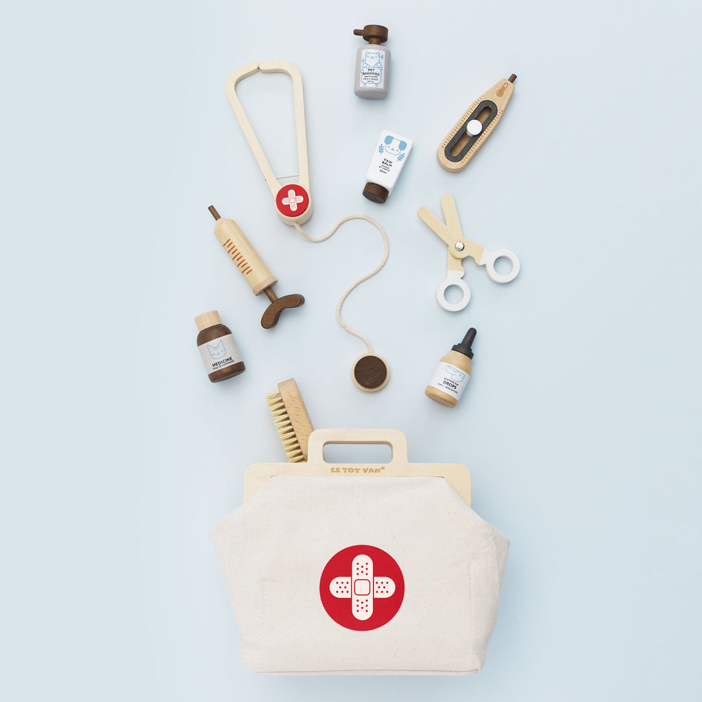 Toy veterinary kit featuring a fabric bag with a red cross, wooden syringe, scissors, brush, dropper, and bottles labeled medicine and pet shampoo. Playful tone.