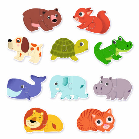 Colorful 2-piece animal matching puzzles for toddlers featuring a bear, lion, elephant, and whale on white.