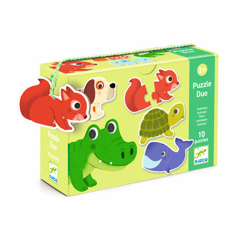 Djeco Puzzle Duo Animals set box featuring colorful 2-piece matching animal puzzles for toddlers aged 2 plus.