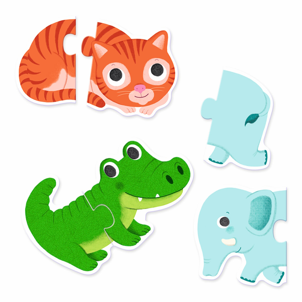 Colorful two-piece animal puzzles for toddlers featuring a cat, crocodile, and elephant on a white background.