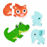Colorful two-piece animal puzzles for toddlers featuring a cat, crocodile, and elephant on a white background.