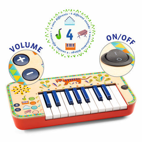 Colorful wooden toy piano for kids with 4 instrument sounds, volume control, and tiger design.