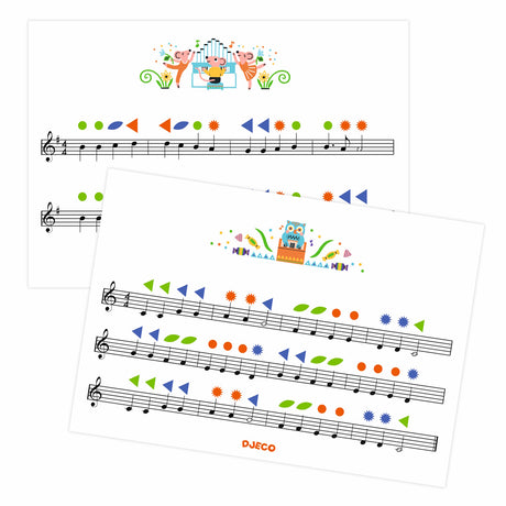 Djeco color-coded sheet music for children with illustrated mice and owl characters.