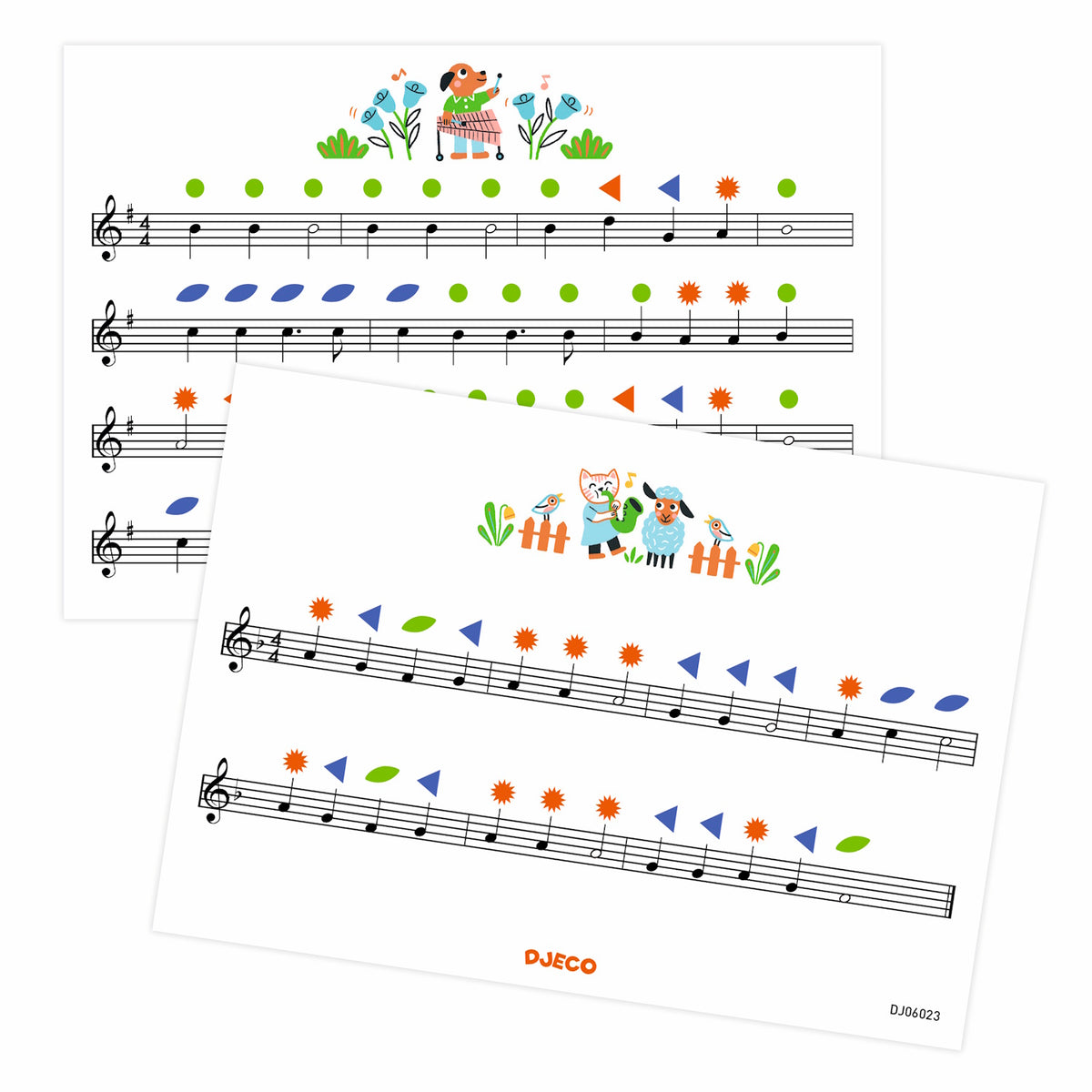 Djeco children's color-coded musical sheet music with animal illustrations for beginner musicians.