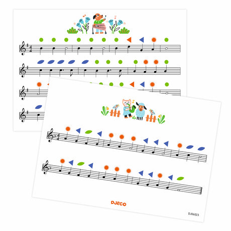 Djeco children's color-coded musical sheet music with animal illustrations for beginner musicians.