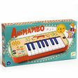 Djeco Animambo electronic synthesizer keyboard for kids, colorful wooden musical toy in box.