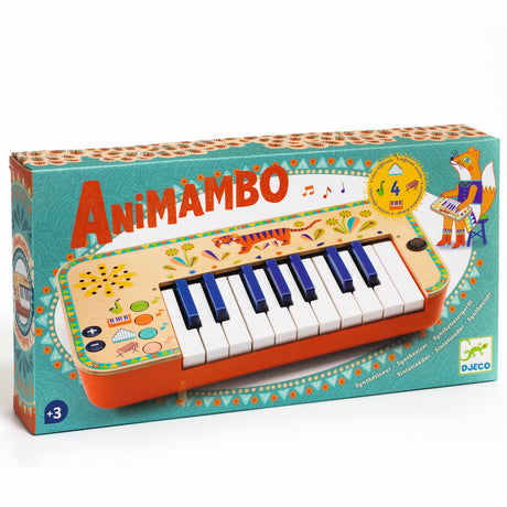 Djeco Animambo electronic synthesizer keyboard for kids, colorful wooden musical toy in box.