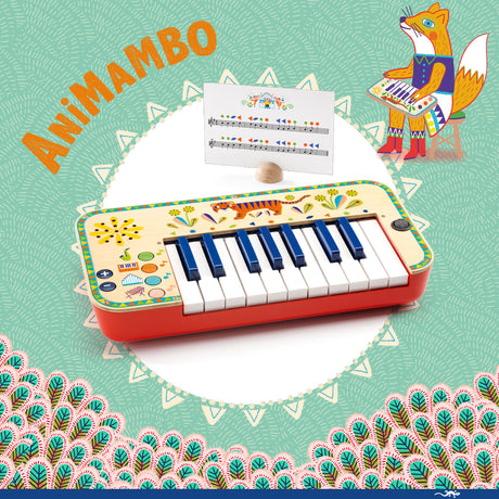 Djeco Animambo electronic synthesizer wooden toy keyboard for kids with sheet music.