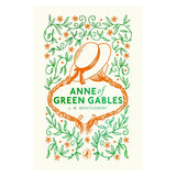 Anne of Green Gables book cover by L.M. Montgomery featuring a straw hat, red braids, and green floral vine patterns.