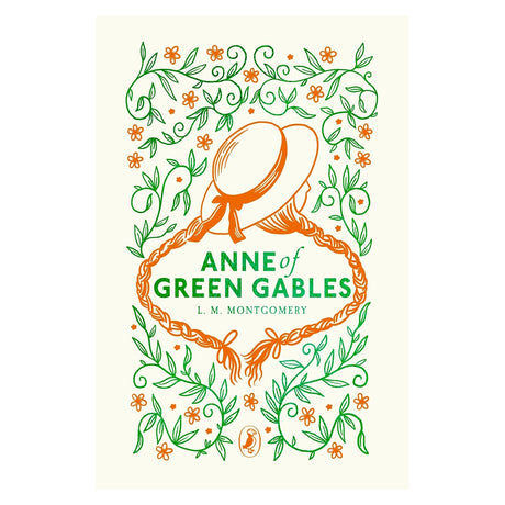 Anne of Green Gables book cover by L.M. Montgomery featuring a straw hat, red braids, and green floral vine patterns.