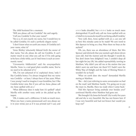 Two-page spread of Anne of Green Gables book showing dialogue where Anne asks Marilla to call her Cordelia.