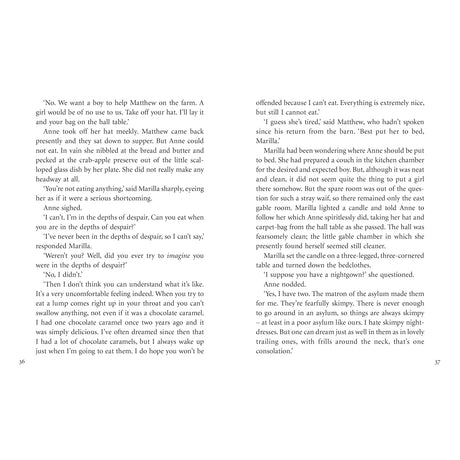 Open book pages of Anne of Green Gables showing dialogue between Anne, Marilla, and Matthew about "depths of despair."