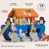 Wooden Noah's Ark shape sorting toy featuring 15 pieces, lifting roof panels, and animal blocks.