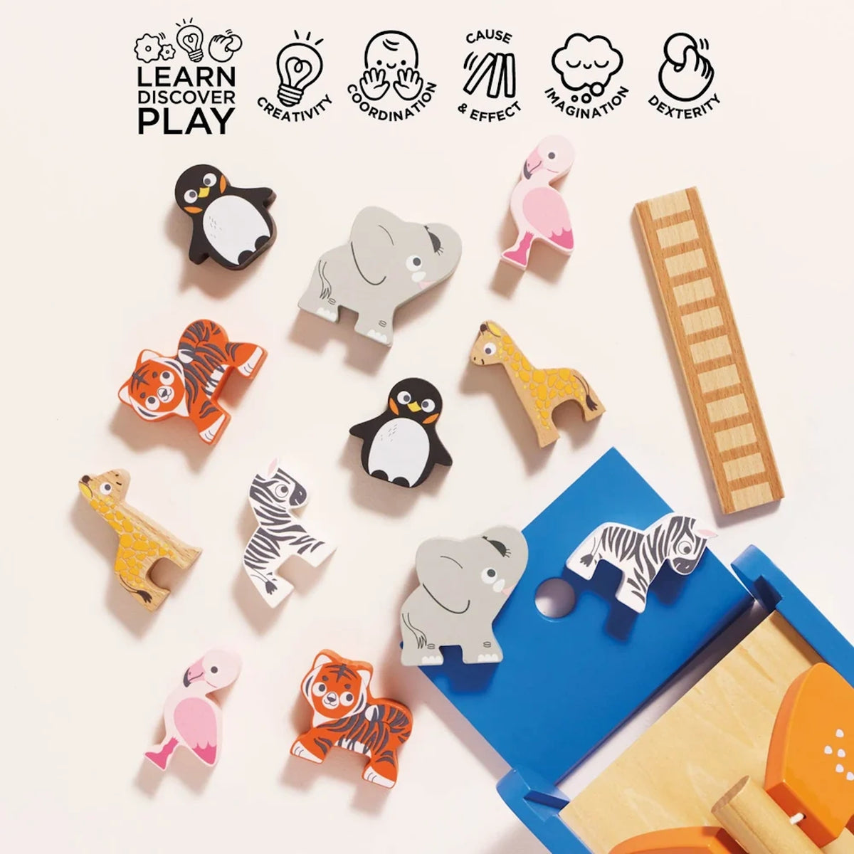 Wooden Noah's Ark shape sorter with colorful animal pieces promoting learning and dexterity skills.
