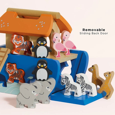 Wooden Noah's Ark shape sorter showing its removable sliding back door and animal blocks.