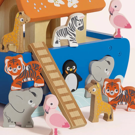 Wooden Noah's Ark shape sorter toy featuring a ladder, orange roof, and animal blocks.