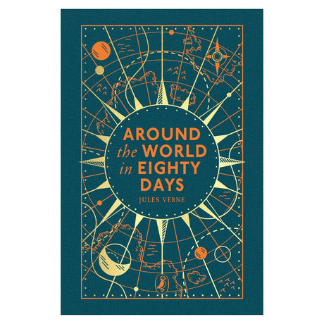 Book cover for Around the World in Eighty Days featuring a teal background with gold nautical map patterns.