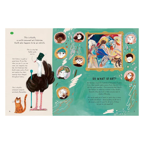 Children's book spread featuring Keith the ostrich art historian, Marmaduke the cat, and diverse people viewing art.