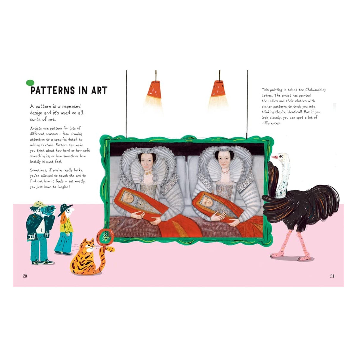 Educational book spread about patterns in art featuring The Cholmondeley Ladies painting and whimsical illustrations.