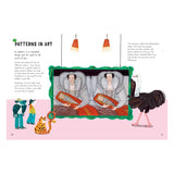 Educational book spread about patterns in art featuring The Cholmondeley Ladies painting and whimsical illustrations.