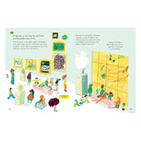 Colorful children's book illustration of a busy art gallery with diverse characters viewing paintings and sculptures.