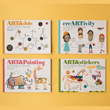 Four Londji activity books, Art & dots, creARTivity, Art & Painting, and Art & stickers, arranged on a yellow background.