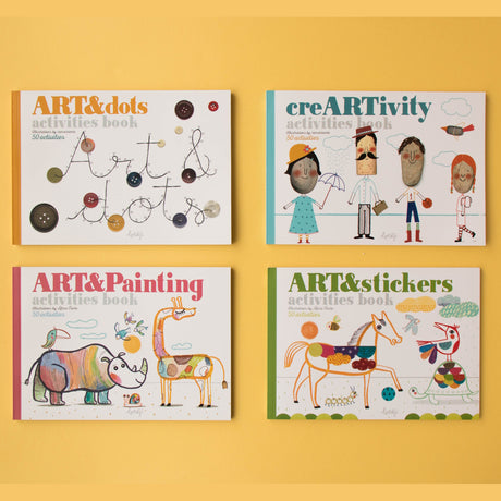 Four Londji activity books, Art & dots, creARTivity, Art & Painting, and Art & stickers, arranged on a yellow background.