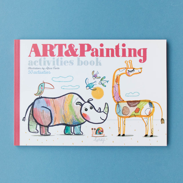 Londji Art & Painting activities book for kids featuring colorful illustrations of a rhino, giraffe, and birds.