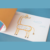 Whimsical giraffe illustration in a Londji art activity book for kids, featuring simple lines and blue clouds.