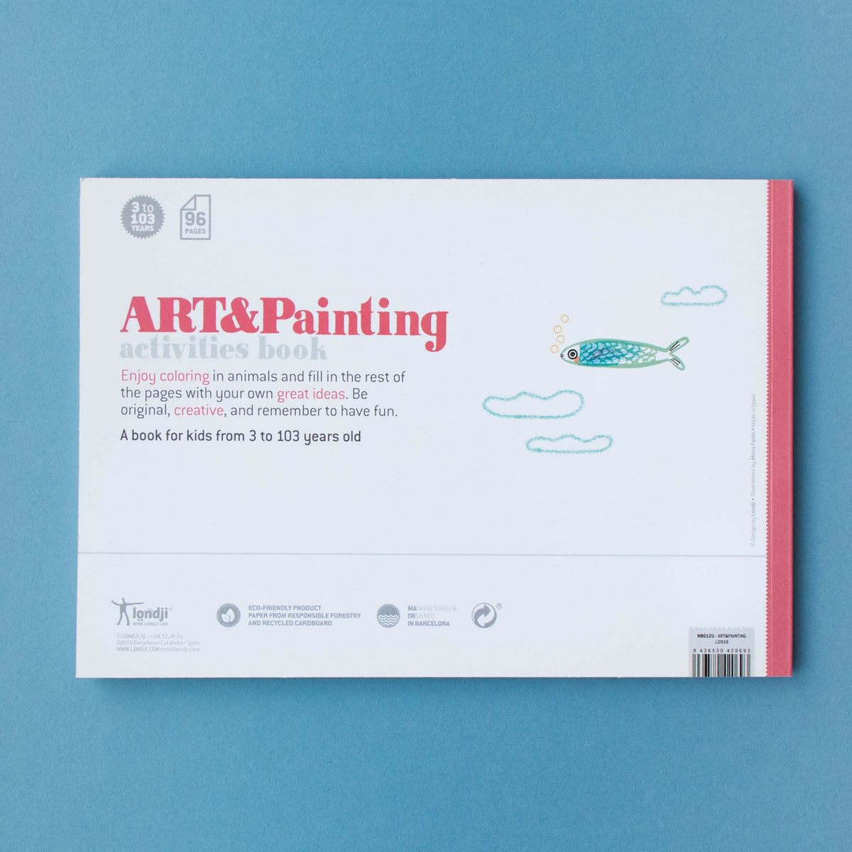 Londji Art & Painting activities book for kids featuring a blue fish illustration on a white and blue background.