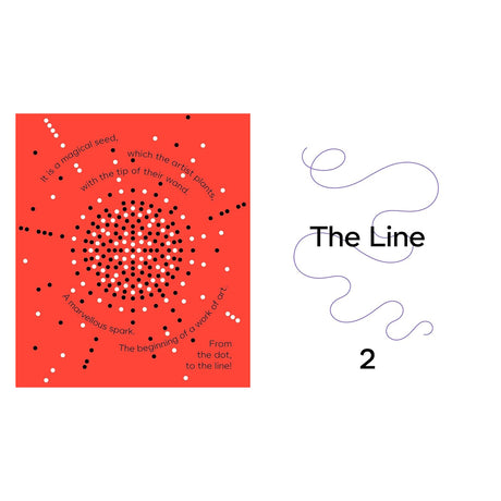 Children's book illustration showing a red square filled with black and white dots next to a wavy line on white.