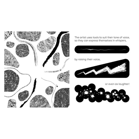 Abstract black and white art illustrating visual "tones of voice" like whispers, raised voices, and laughter.