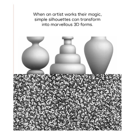 Three 3D shaded grey pottery vases on a textured base from the Art’bracadabra book.