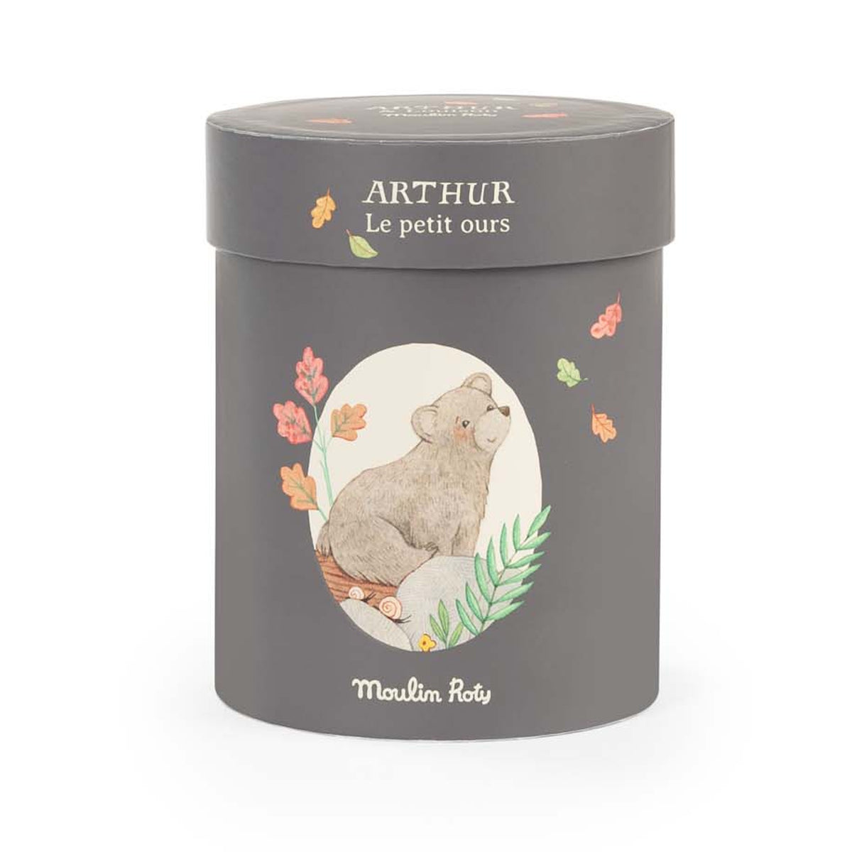 Charcoal grey cylindrical box with an illustration of a bear and text reading "ARTHUR Le petit ours" and "Moulin Roty."