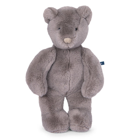 A soft, grey plush teddy bear standing upright on a white background with small dark eyes and a light tan nose.