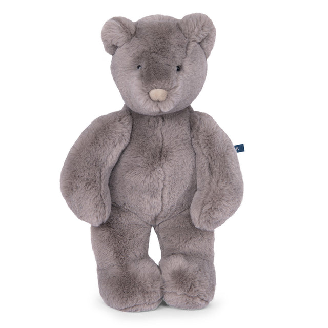 A soft, grey plush teddy bear standing upright on a white background with small dark eyes and a light tan nose.