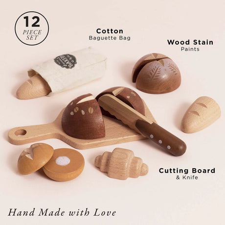 12-piece wooden toy bakery set with cutting board, knife, cotton bag, and various play bread items.