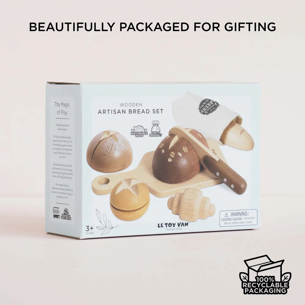 Packaging box for the Le Toy Van wooden artisan bread set, featuring product photography.