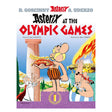 Cover of "Asterix at the Olympic Games" showing Asterix with a gold medal on a podium, Obelix and a small white dog, and a burning torch nearby. Bright and playful.