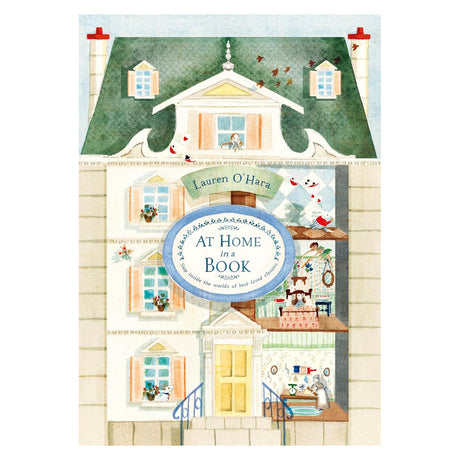 Book cover for "At Home in a Book" by Lauren O'Hara, featuring a dollhouse-style illustration of classic story characters.