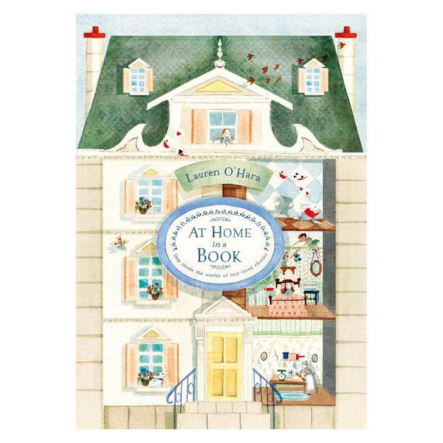 Book cover for "At Home in a Book" by Lauren O'Hara, featuring a dollhouse-style illustration of classic story characters.