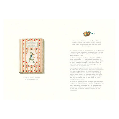 Illustrated Anne of Green Gables book page with floral cover art, a straw hat sketch, and excerpts of story text.