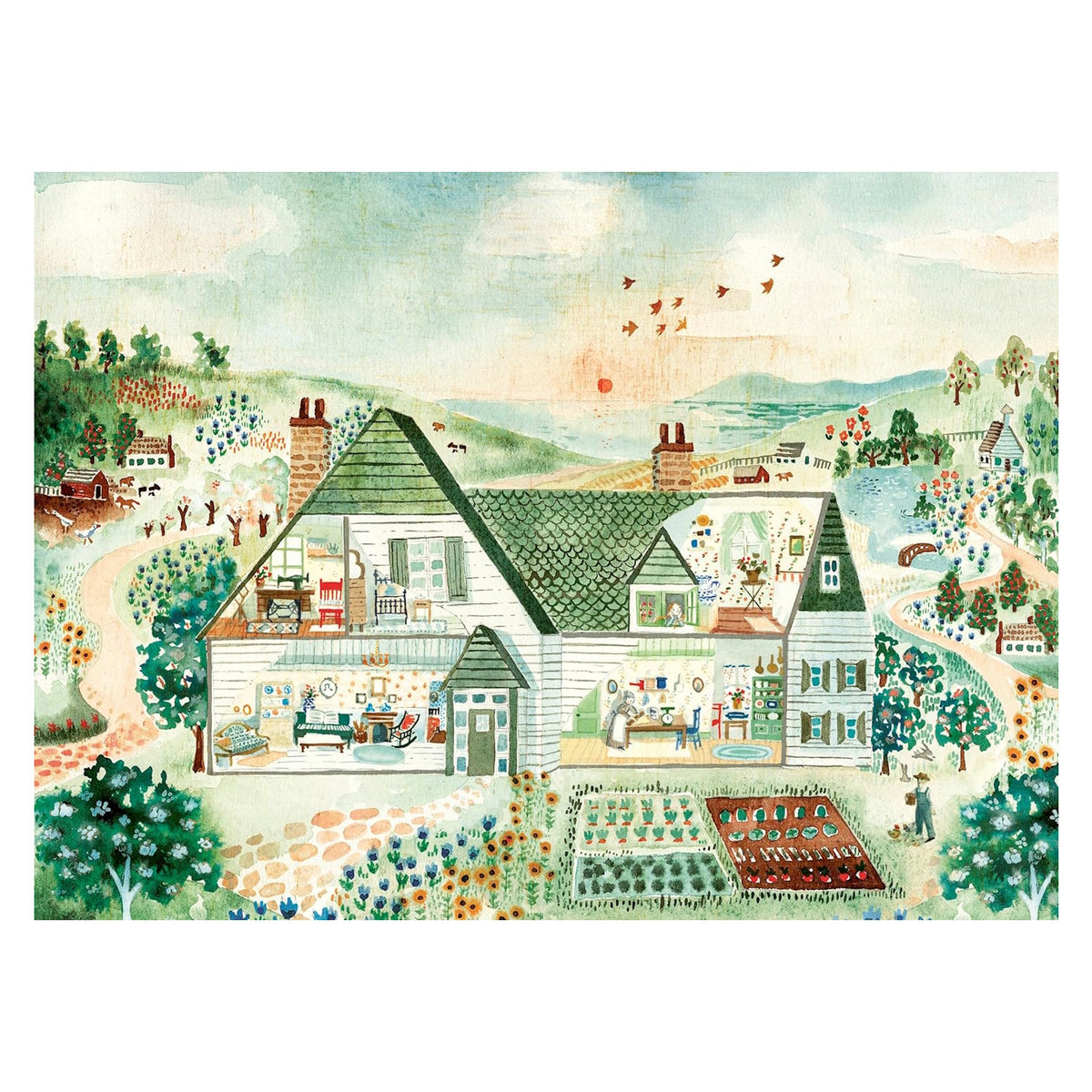 Whimsical watercolor cutaway of a cozy farmhouse with a garden, rolling hills, and sunset. SEO cozy home illustration.