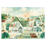 Whimsical watercolor cutaway of a cozy farmhouse with a garden, rolling hills, and sunset. SEO cozy home illustration.